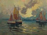 tableau représentant des voiliers en mer sous un ciel nuageux
