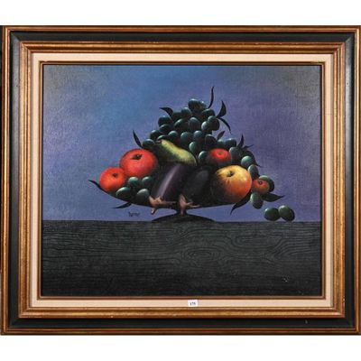 une peinture représentant des fruits et des légumes dans un saladier posé sur une table