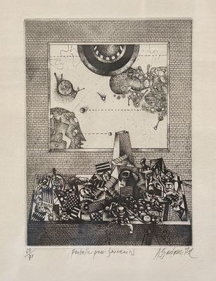 drawing of a black and white drawing of a room with a clock on the wall