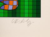 a drawing of a fish on a green and blue checkered background