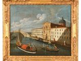 an old painting of boats on a river with buildings in the background