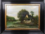 une peinture à l'huile représentant une maison dans un champ bordé d'arbres