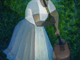 an oil painting of a woman in a white dress holding a jug