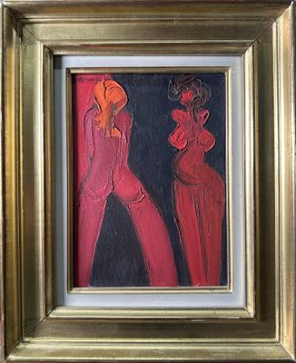 painting of a woman in a red dress and a man in a red suit
