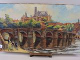 une peinture à l'huile représentant un pont enjambant une rivière, avec une église en arrière-plan