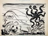 an image of a black and white drawing of an octopus and other animals