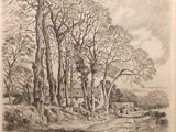 dessin représentant un paysage avec des arbres et une maison au loin