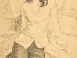 dessin au crayon représentant une femme assise sur un lit, les jambes croisées