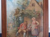 painting of a man and a woman sitting at a table in front of a house
