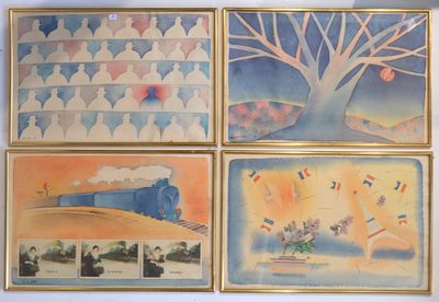four framed paintings of a tree, a train, and a train