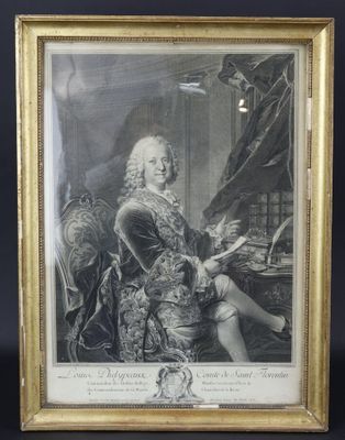 une gravure représentant le portrait d'un homme assis sur une chaise