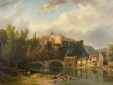 a painting of a castle on a hill above a river