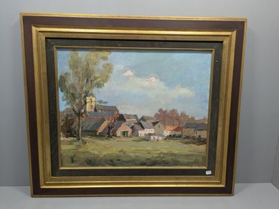 une peinture à l'huile représentant une scène de vie à la ferme avec des vaches dans un champ