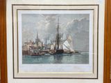 an image of a painting of boats in a harbor with buildings in the background