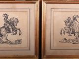 two framed drawings of a man on a horse and a man on a horse