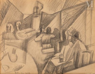 dessin représentant un groupe de personnes assises à une table