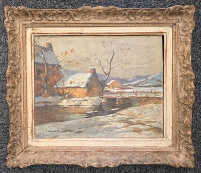 une peinture à l'huile représentant un homme à cheval dans un paysage enneigé