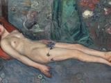 a painting of a naked woman laying on a bed