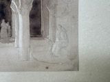 a drawing of a man and a horse in a building