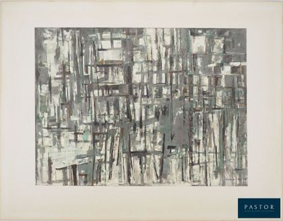 abstract painting of grey and white lines on a white background