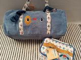 un sac bleu et une paire de chaussures par terre