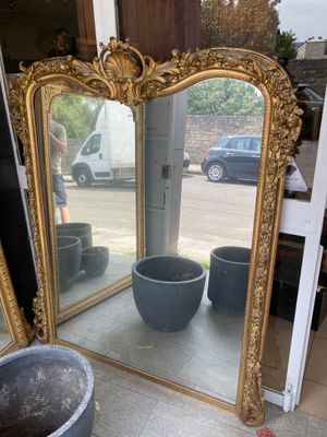 a large mirror sitting on the floor next to a potted plant