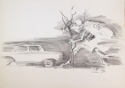 dessin représentant un homme qui court avec un arbre à la main