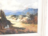 a picture of a painting of a man and a dog in a field