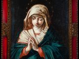 a painting of a woman with her hands folded in prayer
