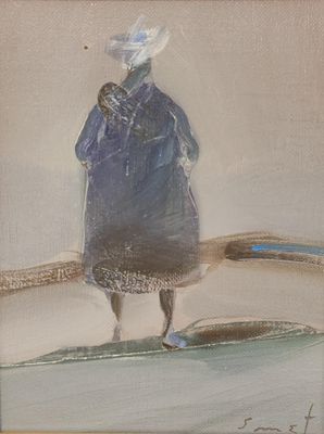 tableau représentant une femme vêtue d'un manteau bleu et d'un chapeau, debout sur une plage