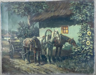 a painting of two horses pulling a carriage down the road