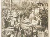 a drawing of a group of people gathered around a table