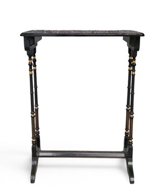 a black and gold console table with a marble top