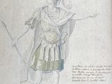 an old drawing of a man with a sword and shield
