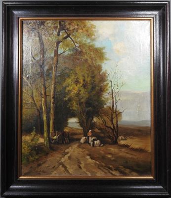 une peinture à l'huile représentant un homme avec un cheval et une charrette sur un chemin de terre