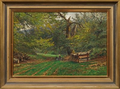 an image of a painting of a horse drawn carriage in a wooded area