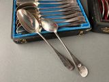 silverware in a black case with blue handles and spoons in it