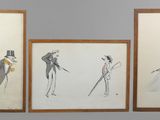three framed drawings of a woman in a dress and a man in a top hat