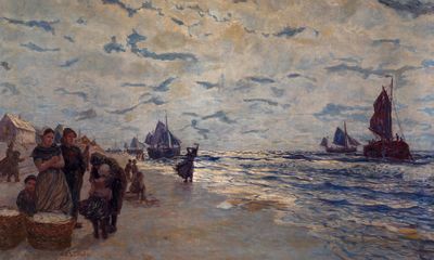 a painting of people on the beach with boats in the water