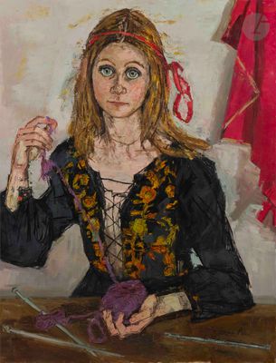 tableau représentant une femme assise à une table, un ouvrage au crochet à la main