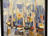 abstract painting of sailboats in a harbor on a cloudy day
