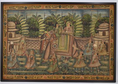 tableau représentant un éléphant transportant un homme et une femme dans un jardin