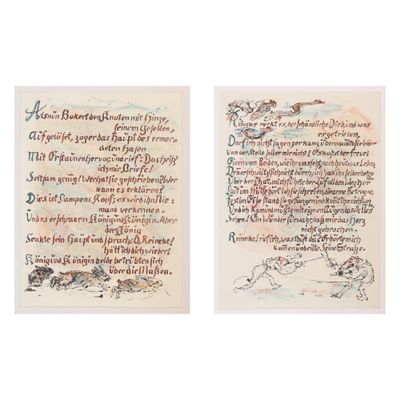 deux anciens manuscrits comportant des inscriptions et un dessin représentant un homme à cheval
