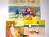 three paintings of people sitting on a beach near the ocean