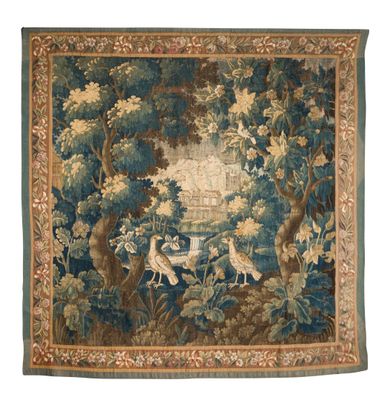 an image of a tapestry with birds and trees in a forest