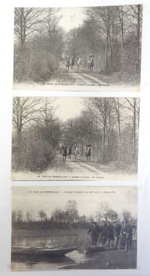 two pictures of a couple of people riding horses on a dirt road