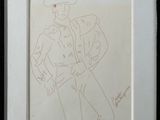 framed drawing of a man in a hat and jacket holding a gun