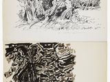 deux dessins en noir et blanc représentant des arbres et des buissons sur fond blanc