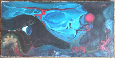 painting of a skull with a red nose and a blue body with a red nose