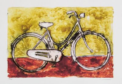 un dessin représentant un vélo sur un fond jaune et rouge